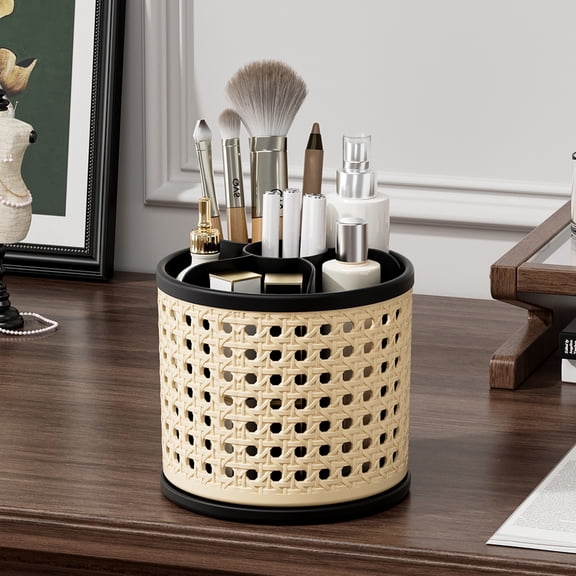 Weloille Rotating Rattan Texture Storage Organizer for Desk, Makeup Brushes, Pens, Cosmetics | Plastic Multi-Compartment Holder with Dividers for Vanity, Office, Home Use