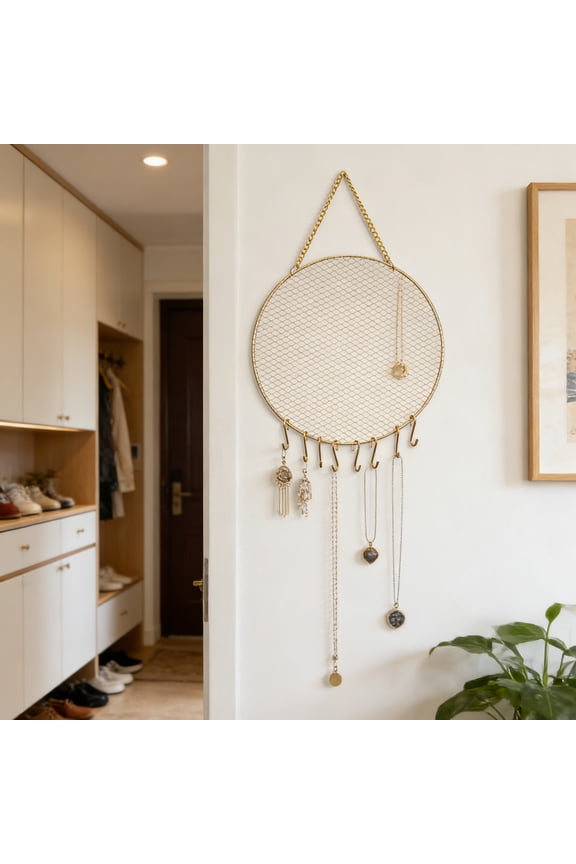 Round Metal Mesh Wall Mounted Jewellery Organiser Hanging Jewelry Stand Decorative Diamond Grid Shape Display Rack for Earrings Necklace Bracelet
