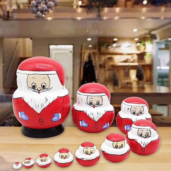 Weloille Santa Claus Russian Nesting Dolls, 10 Pieces Handmade Wooden Stacking Dolls, Traditional Painted Pattern Matryoshka Doll Set for Christmas Birthday Gift Home Decor Collection