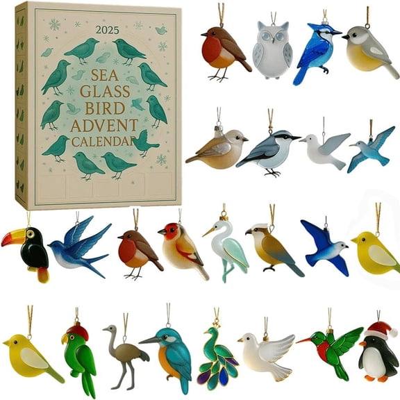 Weloille Sea Glass Bird Advent Calendar 24 Day Countdown, Paper with Exquisite Pattern Smooth Edge, Holiday Christmas Gift, Home Desk Ornament for Bird Lovers