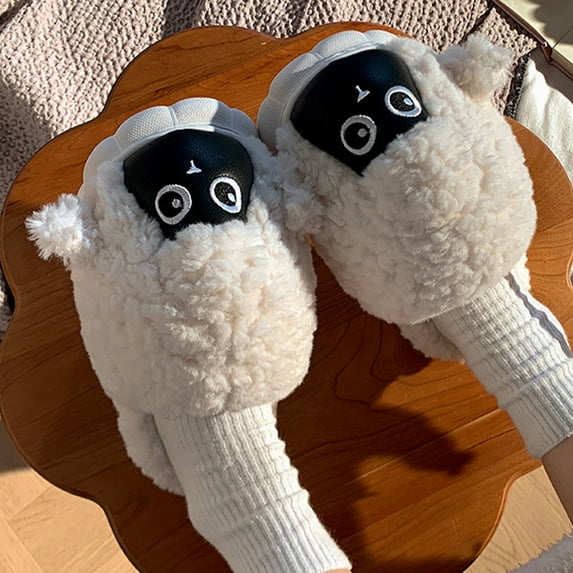 Weloille Sheep Cotton Slippers Cute Thick Bottom Winter Indoor Home Floor Non-slip Cotton Shoes Baotou Wear-resistants Padded Thickened Warm Cotton Slippers