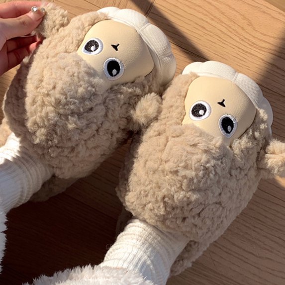 Weloille Sheep Cotton Slippers Cute Thick Bottom Winter Indoor Home Floor Non-slip Cotton Shoes Baotou Wear-resistants Padded Thickened Warm Cotton Slippers