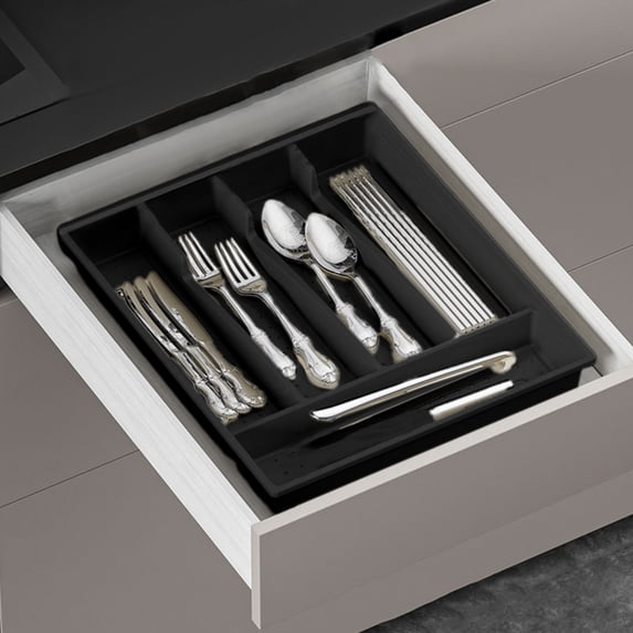 Weloille Silverware Drawer Organizer, Expandable Utensil Tray for Kitchen, Flatware and Cutlery Holder, Adjustable Plastic Storage for Spoons Forks Knives, Large, Black