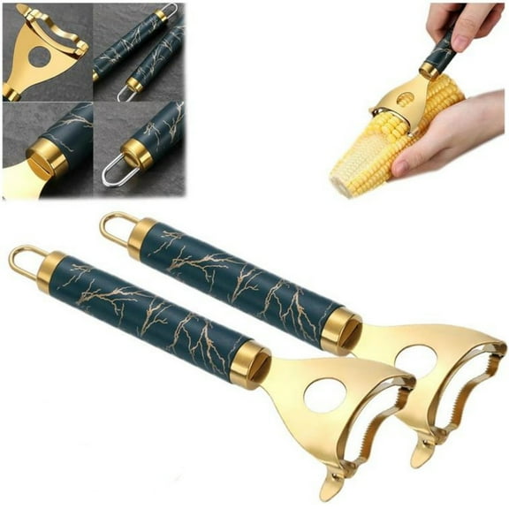 Weloille Stainless Steel Corn Peeler 2 Piece, Sharp Blade Efficient Corn Stripper, Non Slip Handle Corn Cob Cutter, Time Saving Kitchen Gadget for Home Cooking Barbecue Corn Kernel Removal Tool