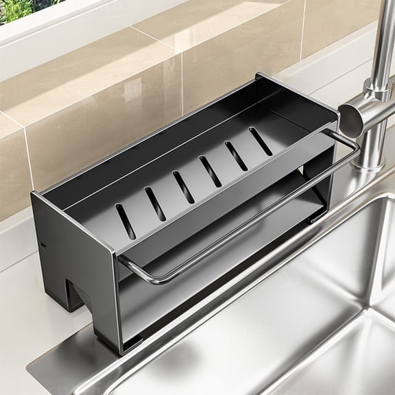 Weloille Stainless Steel Kitchen Rack, Space-Saving Sink-Side Organizer with Multi-Compartment Design, Black/White/Gray Options, 23x12x10cm Countertop Storage Solution for Sponges and Dishcloths