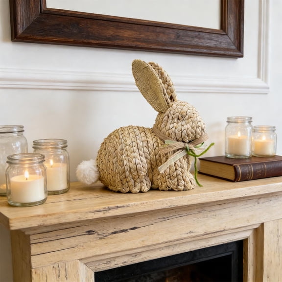Weloille Straw White Tail Lying Rabbit Figurine 1 Piece, Hand Woven Rustic Bunny Ornament, Durable Eco Friendly Decor, Decorative Figurine for Garden, Shelf, Desktop and Easter Home Decoration