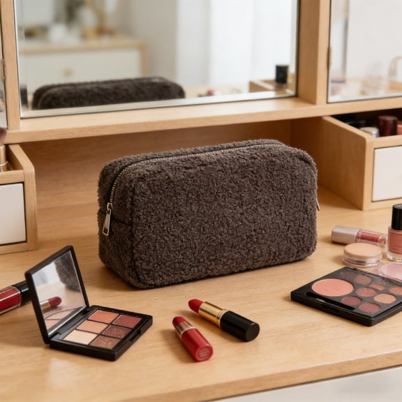 Weloille Teddy Fleece Storage Bag 1PC, Solid Color Soft Plush Cosmetic Organizer, Water-Resistant Portable Lightweight Pouch, Fashion Makeup Bag for Travel Home Daily Skincare Storage
