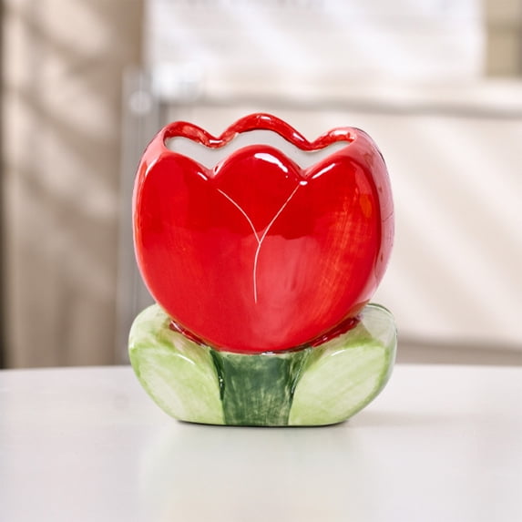 Weloille Tulip Ceramic Pen Holder 1 Pack, Cute Decorative Desktop Pencil Organizer, Smooth Glossy Waterproof Stationery Container, for Office Desk Bedroom Vanity Table Home Decoration
