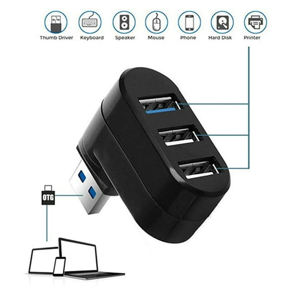 Weloille USB 2.0 3-Port Rotating Hub, Ultra-Compact 5x4.3x1.8cm Space-Saving Desktop Organizer with Plug-and-Play Connectivity for Windows