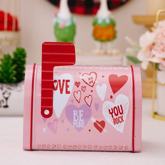 Weloille Valentine's Day Iron Mailbox Decor with Romantic Heart Design, Red and White Themed Storage Box for Home Party Decorations