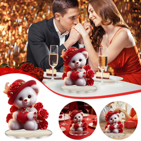 Weloille Valentine's Day Red Hat Rose Teddy Bear Figurine 1Pc, Transparent Acrylic Ornament, Romantic Love Themed Bear Statue, Cute Decoration for Bedroom Anniversary Wedding Gift