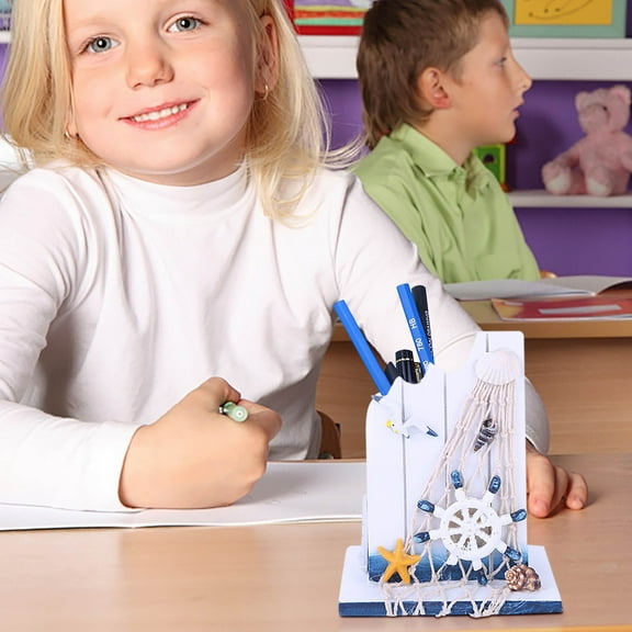 Weloille Vintage Nautical Pen Holder, Handcrafted Sea Theme Desk Organizer with Storage Box, Elegant Home Office Decor for Stationery Collection, Exclusive Coastal Decor