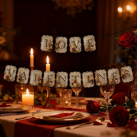 Weloille Vintage Valentine's Day Letter Banner Set, Includes 10 Meters Ribbon Needle Cards, Reusable Retro Pattern Pull Flag Decor, for Valentine Party Wedding Scene Layout
