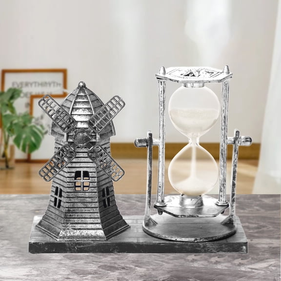 Weloille Vintage Windmill Hourglass Timer, Gold/Silver Plastic Desktop Ornament, 15.5x13x6.5cm Home Office Decor, Rotatable Stress Relief Decorative Centerpiece for Shelf Desk TV Cabinet