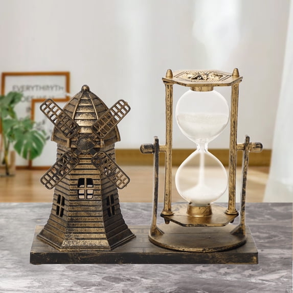 Weloille Vintage Windmill Hourglass Timer, Gold/Silver Plastic Desktop Ornament, 15.5x13x6.5cm Home Office Decor, Rotatable Stress Relief Decorative Centerpiece for Shelf Desk TV Cabinet