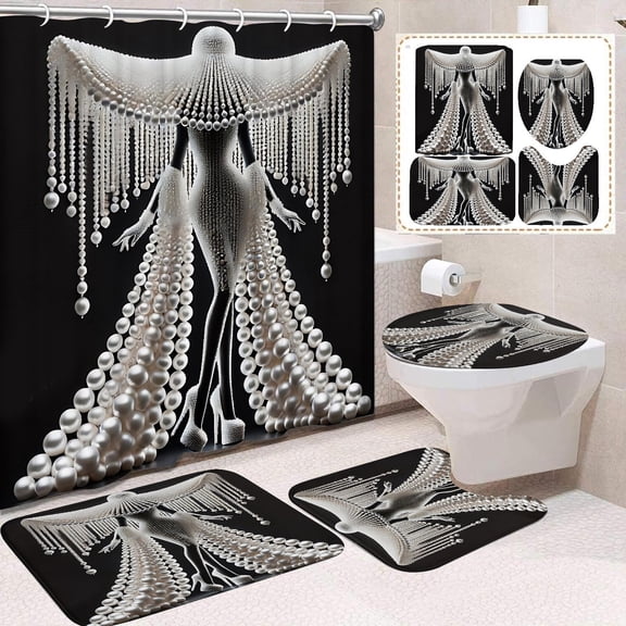 Weloille Waterproof Shower Curtain Set 4-Piece Digital Printed Bathroom Ensemble with Non-Slip Bath Mat and Toilet Mat, High Definition Pattern Modern Bathroom Decor