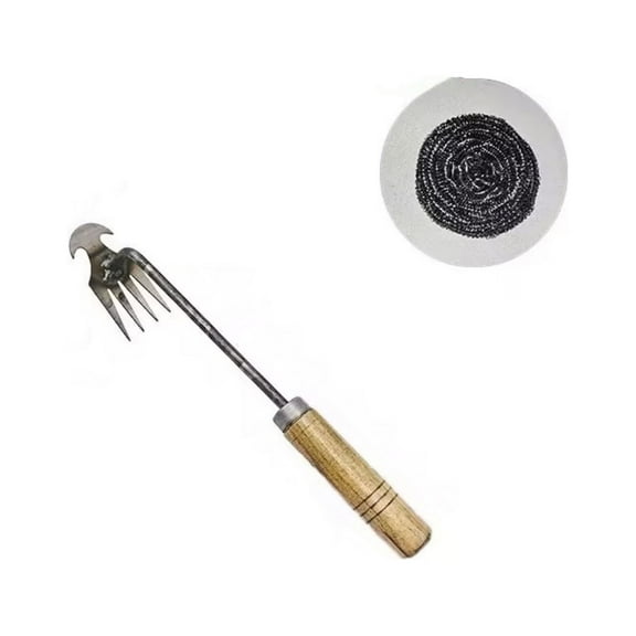 Weloille Weed Pulling Tool,Hand Weeder Tool Garden Weeding Tools Weed Puller with Handle, 4 Teethes Dual Purpose Weeder with 1Pcs Steel Wire Ball for Garden Yard Farm Weed Removal