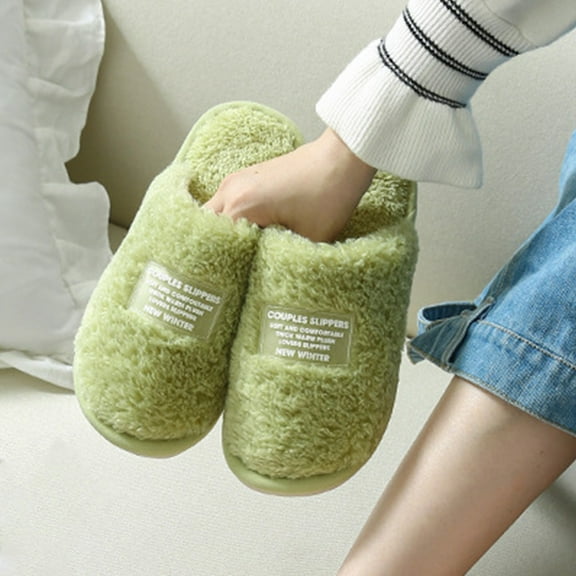 Weloille Winter Couple Home Shoes Transparent Plastic Label Concise Home Women's Cotton Slippers, Warm Plush Cotton Slippers Soft Bottom Mute Non-slip
