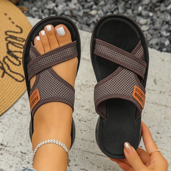 Weloille Women's Breathable Mesh Open-Toe Sandals with Cushioned Rubber Sole, Casual Beach Slides in Black, Burgundy, Red, Gray