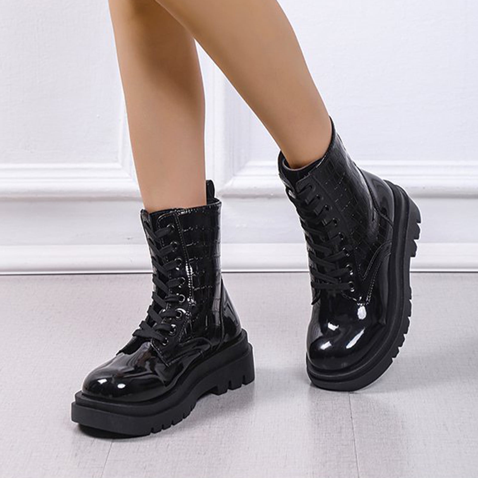 Weloille Women s Retro Elastic Ankle Boots Fashion Round Toe Flat Heeled Frenum Shoes