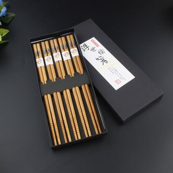 Weloille Wooden Chopsticks Reusable 5 Pairs Gift Set with porcelain rest Lucky Cat Design Hand-Made