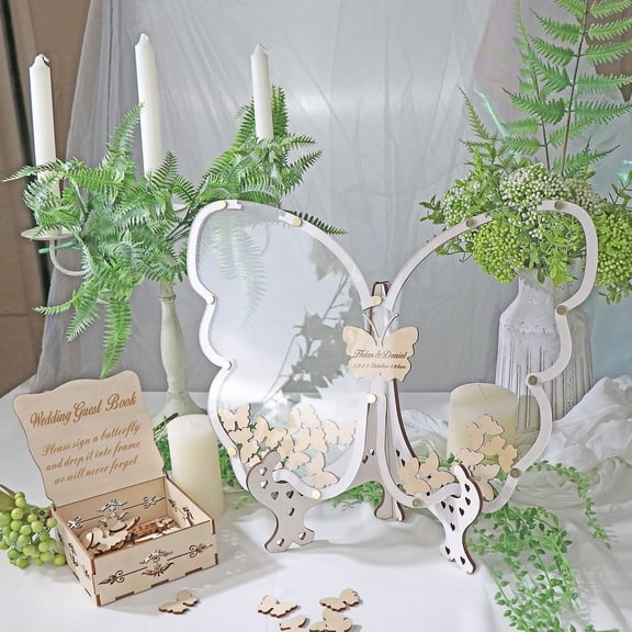 Weloille Wooden Wedding Guest Book Sign Set, 1 Piece Wooden Sign-In Table + 60 Pieces Small Wooden Butterflies, Rustic Durable Wedding Message Board, Party Decor for Wedding Reception Celebration