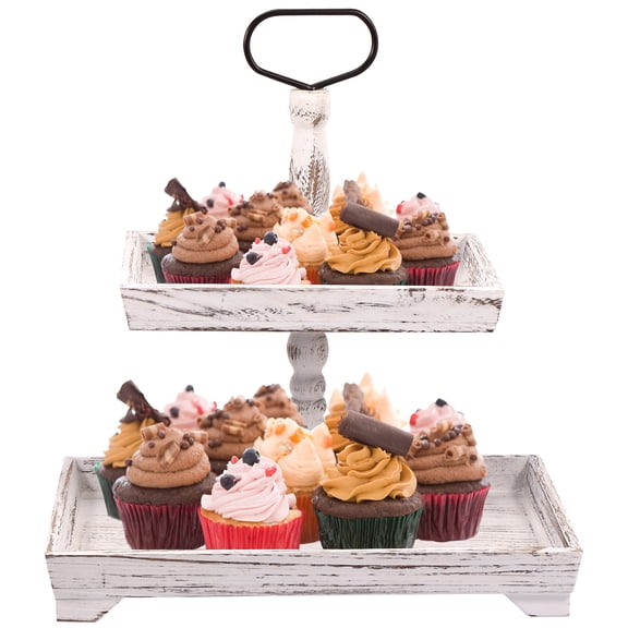 Welpettie 2-Tier Tray Stand Wooden Rectangle Tiered Food Tray Rustic Double Tiered Dessert Serving T