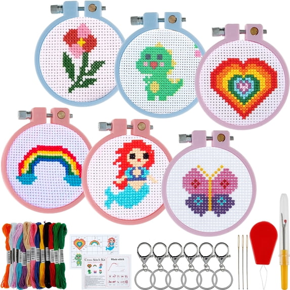 Welpettie 4Pcs/6Pcs Embroidery Kits for Beginners Starters Cross Stitch Kits with Pattern for Adults Kids Craft Stamped Embroidery Cloth for Backpack Charms