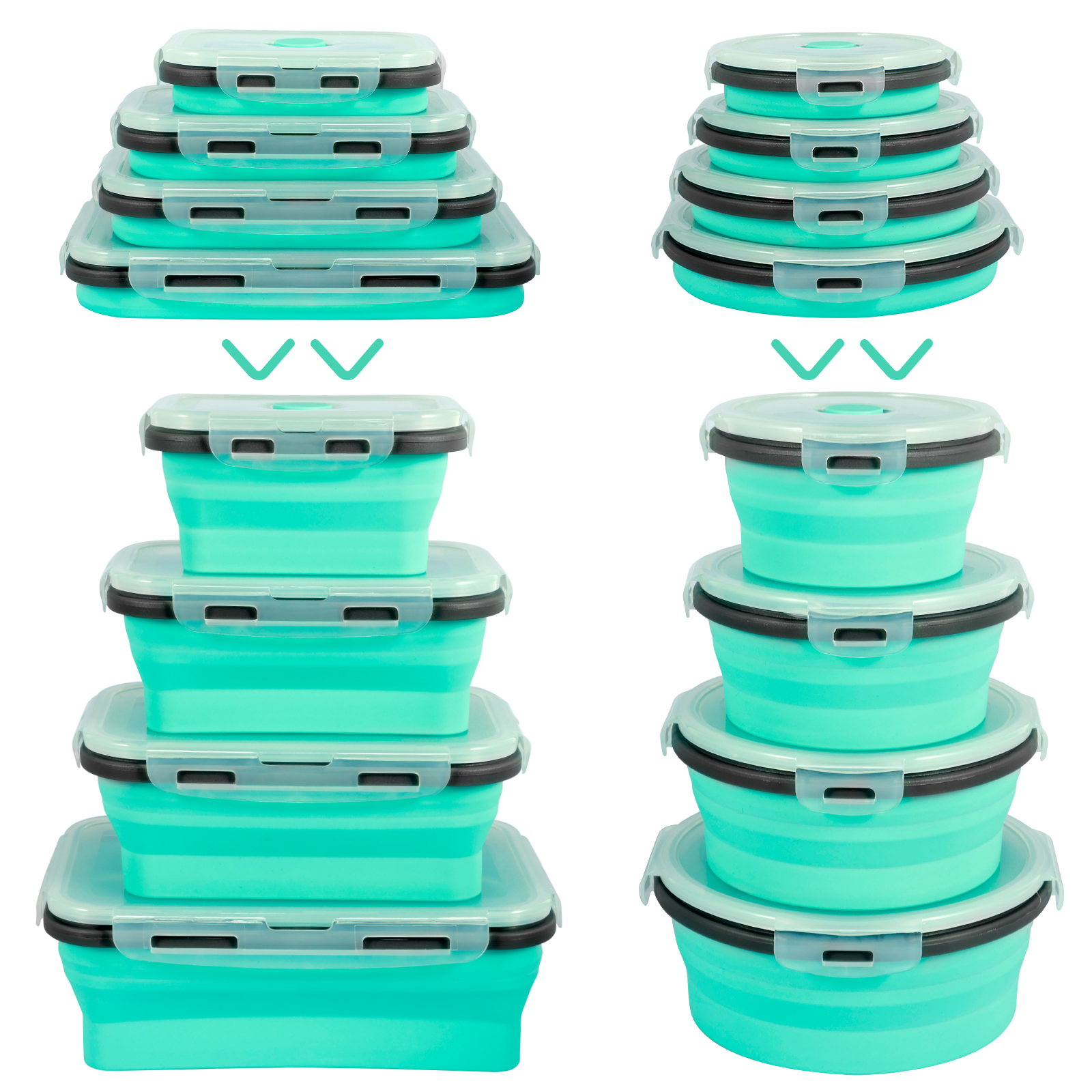 Welpettie 8Pcs Collapsible Food Storage Containers with Lids Flat Stacks Silicone Collapsible