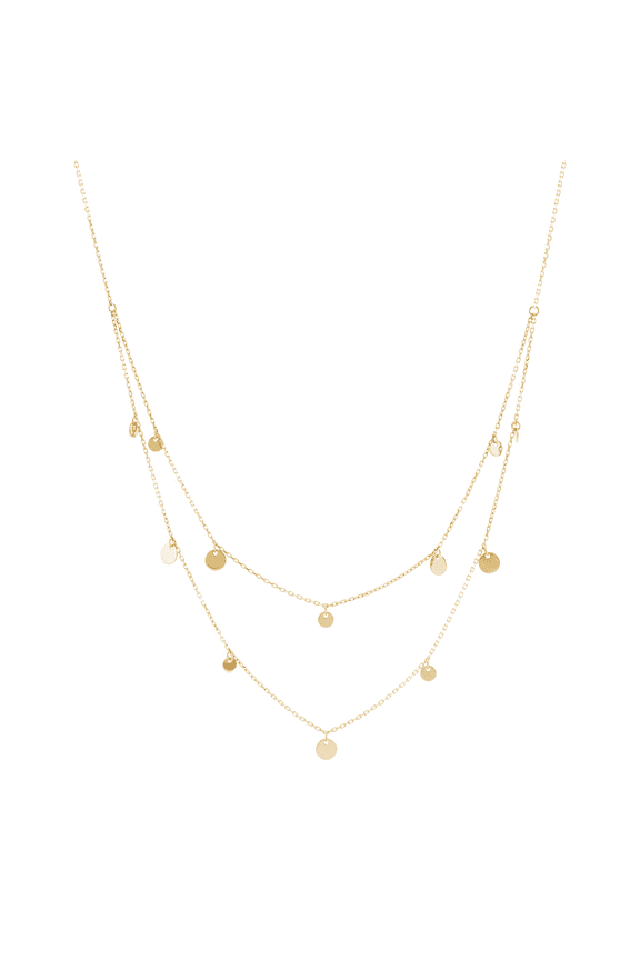 14kt Yellow Gold Double Layered Necklace with Disc Dangles, 16" + 1"