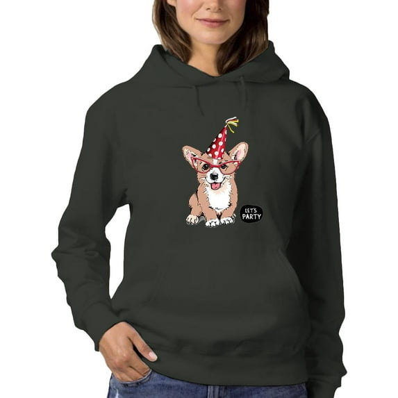 Welsh Corgi Puppy Let's Party Hoodie Women -Image by Shutterstock, Female 5X-Large