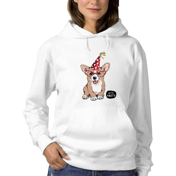 Welsh Corgi Puppy Let's Party Hoodie Women -Image by Shutterstock, Female x-Large
