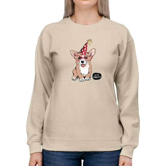 Welsh Corgi Puppy Let's Party Sweatshirt Women -Image by Shutterstock, Female XX-Large