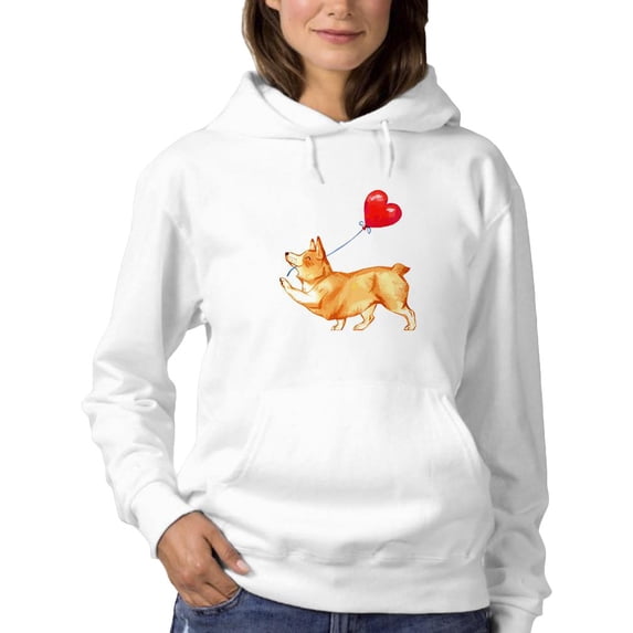 Welsh Corgi W Heart Balloon. Hoodie Women -Image by Shutterstock, Female x-Large