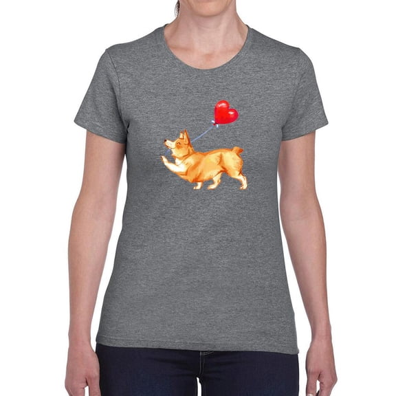 Welsh Corgi W Heart Balloon T-Shirt Women -Image by Shutterstock, Female Large