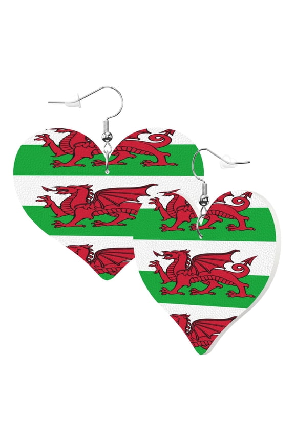 Welsh Dragon Flag Leather Heart Earrings Dangle For Women Love Earrings Lightweight