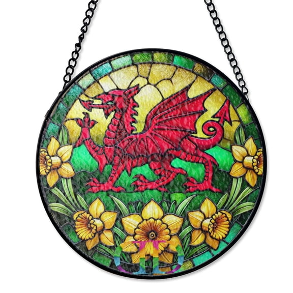 Welsh Dragon National Symbol Suncatcher Faux Stained Glass Patriotic Decor Round
