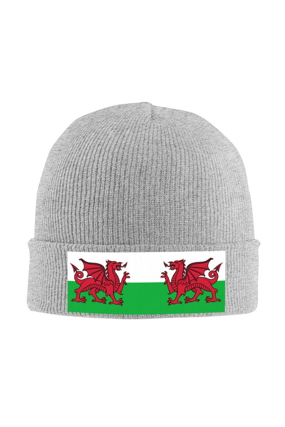 Welsh Flag Winter Beanie Hats for Men Women Warm Cozy Knitted Cuffed Skull Cap Gray