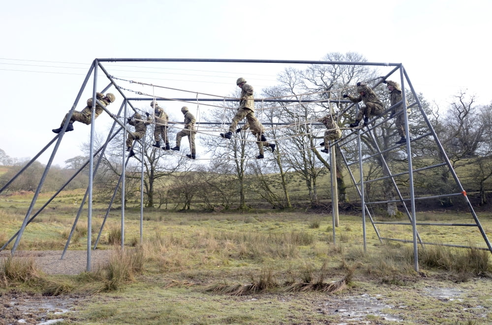 Welsh Guards perform basic training on the assault course at Sennybridge Training Area Canvas Art - Andrew ChittockStocktrek Images (18 x 12)
