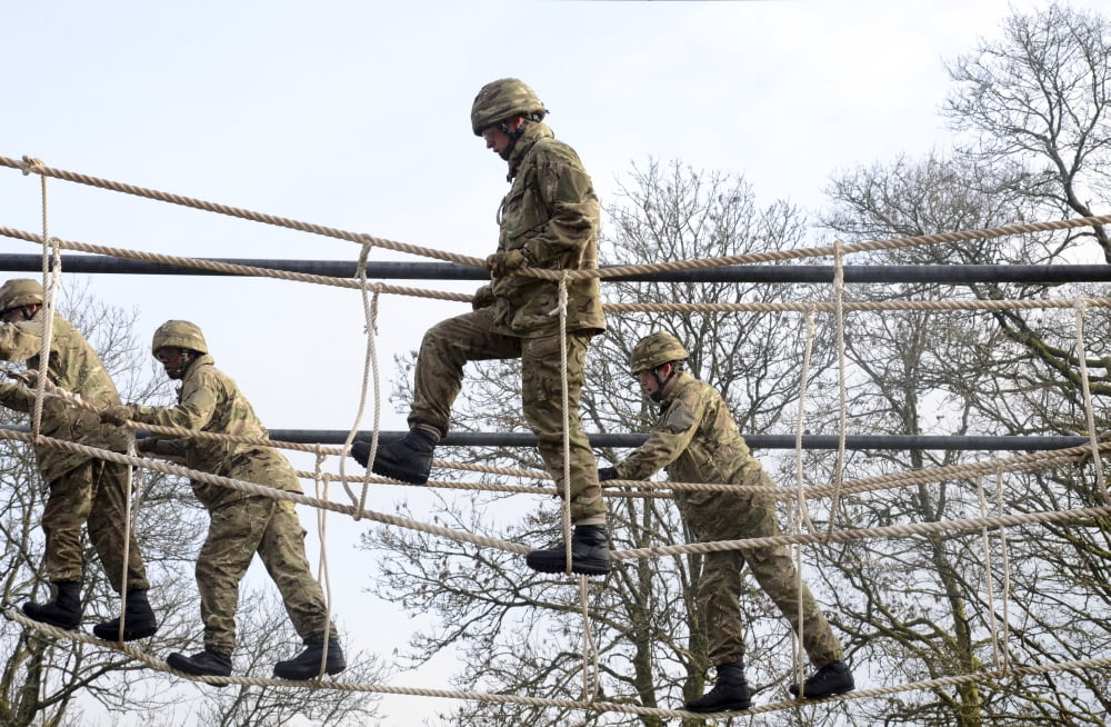 Welsh Guards perform basic training on the assault course at Sennybridge Training Area Canvas Art - Andrew ChittockStocktrek Images (18 x 12)