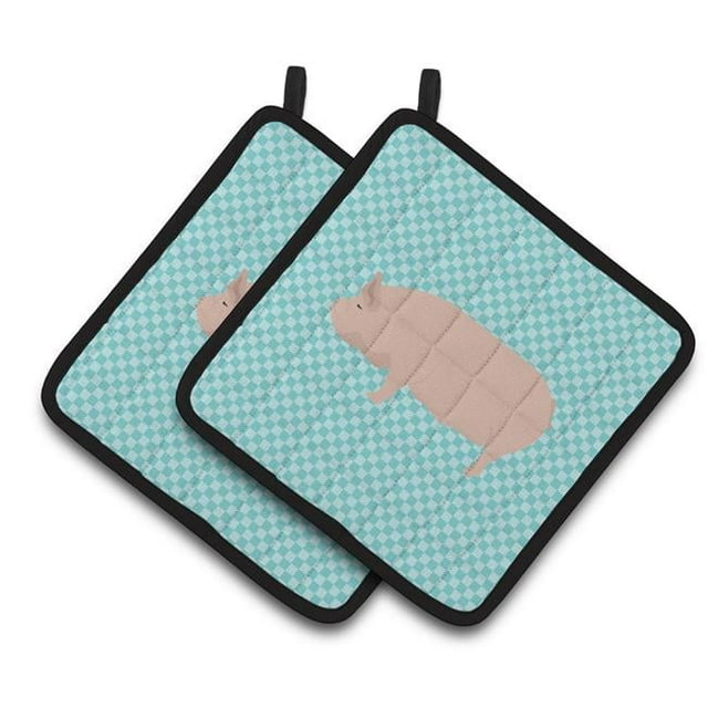 Welsh Pig Blue Check Pair of Pot Holders - Blue