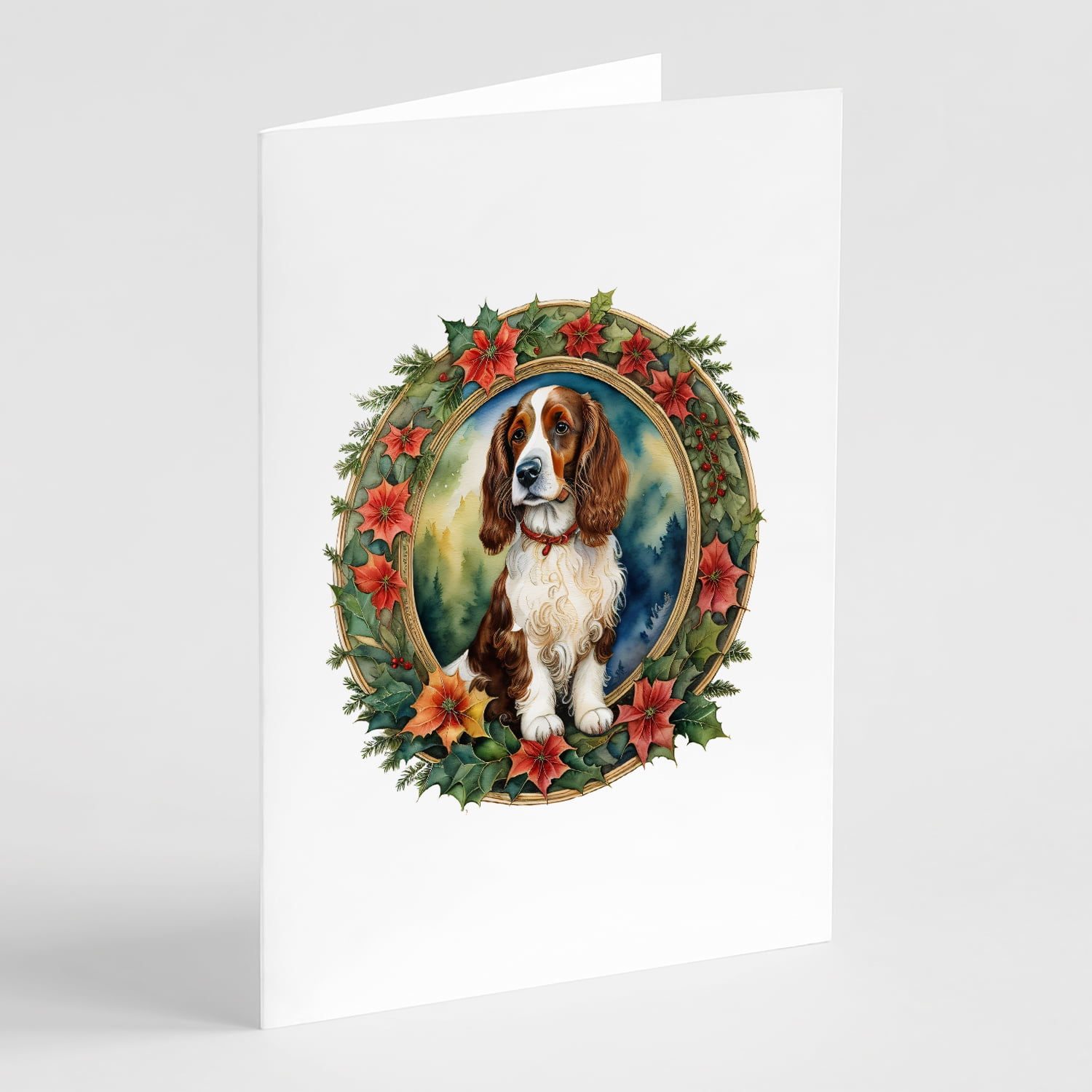 Welsh Springer Spaniel Christmas Flowers Greeting Cards Pack of 8 7 in x 5 in