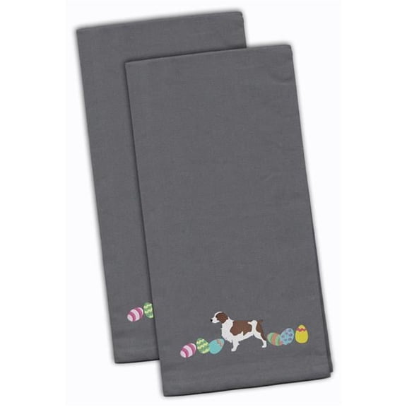 Welsh Springer Spaniel Easter Gray Embroidered Kitchen Towel - Set of 2