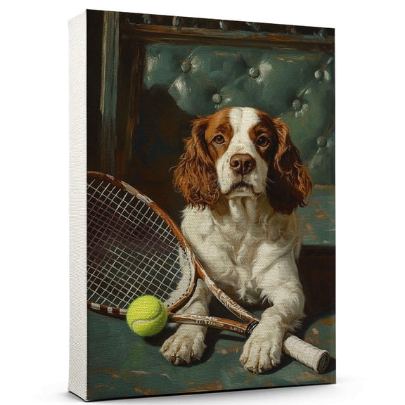 Welsh Springer Spaniel Vintage Dog Tennis Canvas – Artistic Sports, Welsh Springer Spaniel Dog with Tennis Stretched Canvas Size 8x12 Wall Print for Bedroom, Living Room, Office