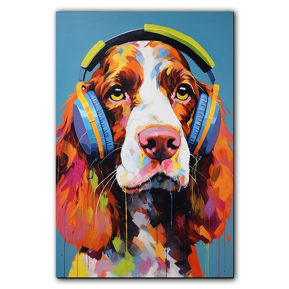 Welsh Springer Spaniel Wall Art - Funny Dog Canvas Canvas for Kids' Room 11x17inch - Colorful Puppy with Earphone Pictures Framed Ready to Hang