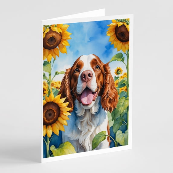Welsh Springer Spaniel in Sunflowers Greeting Cards Pack of 8 7 in x 5 in