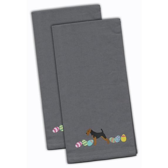 Welsh Terrier Easter Gray Embroidered Towel Set of 2