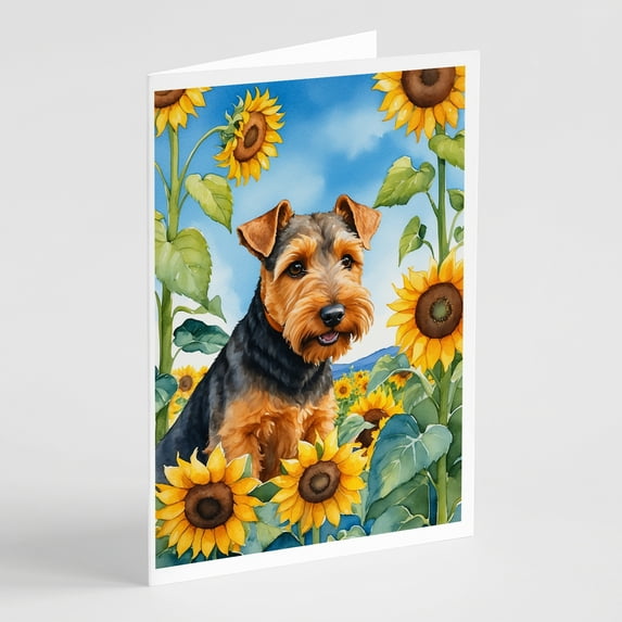 Welsh Terrier in Sunflowers Greeting Cards Pack of 8 7 in x 5 in