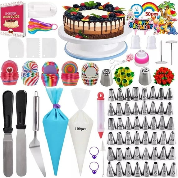 WeluvFit Cake Decorating Kit, 322 Pcs Cake Baking Supplies with Cake Turntable, Icing Piping Bags and Tips Set, Spatulas, Comb Scrapers, Icing Smoother, Cupcake Decorating Tools