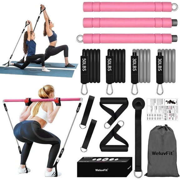 WeluvFit Pilates Bar Kit with Resistance Bands, Exercise Fitness Equipment for Women & Men, Home Gym Workouts 3-Section Stick Squat Yoga Pilates Flexbands Kit for Full Body Shaping